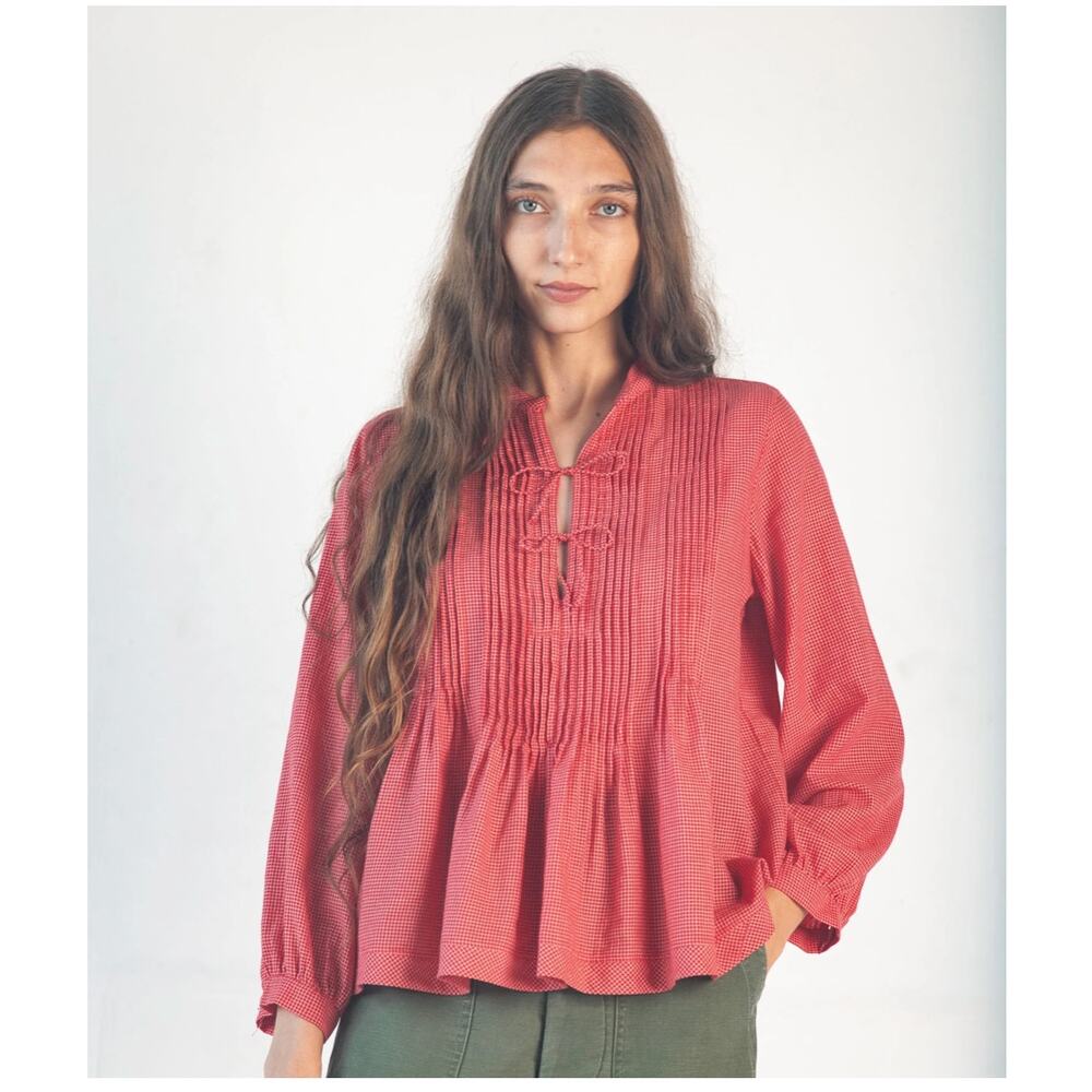 Matta Alma Tiny Checks Top Red Medium Handwoven Cotton Boho Peasant Blouse